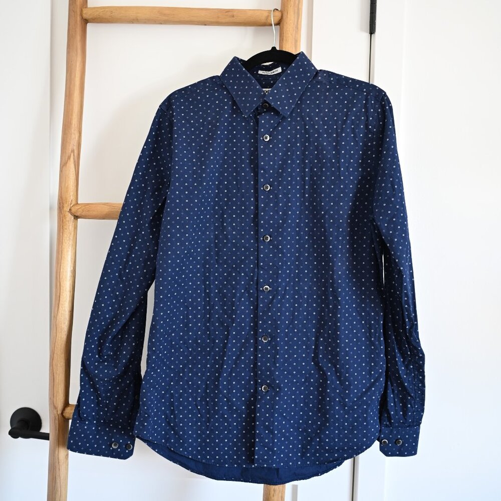 Express Extra Slim Dotted Navy Button Up Dress Shirt